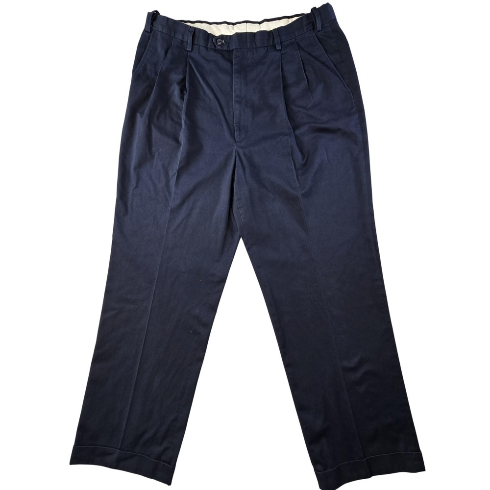 Berle Pants Mens 40x32 Blue Dress Cotton Blend Classic Pleated Cuffed Pockets